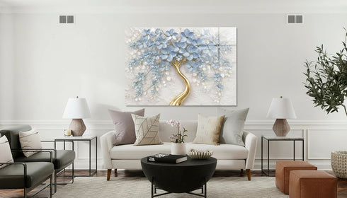 Glass Wall Art Prints Blue Flowers UV Printing Glass Art Decor